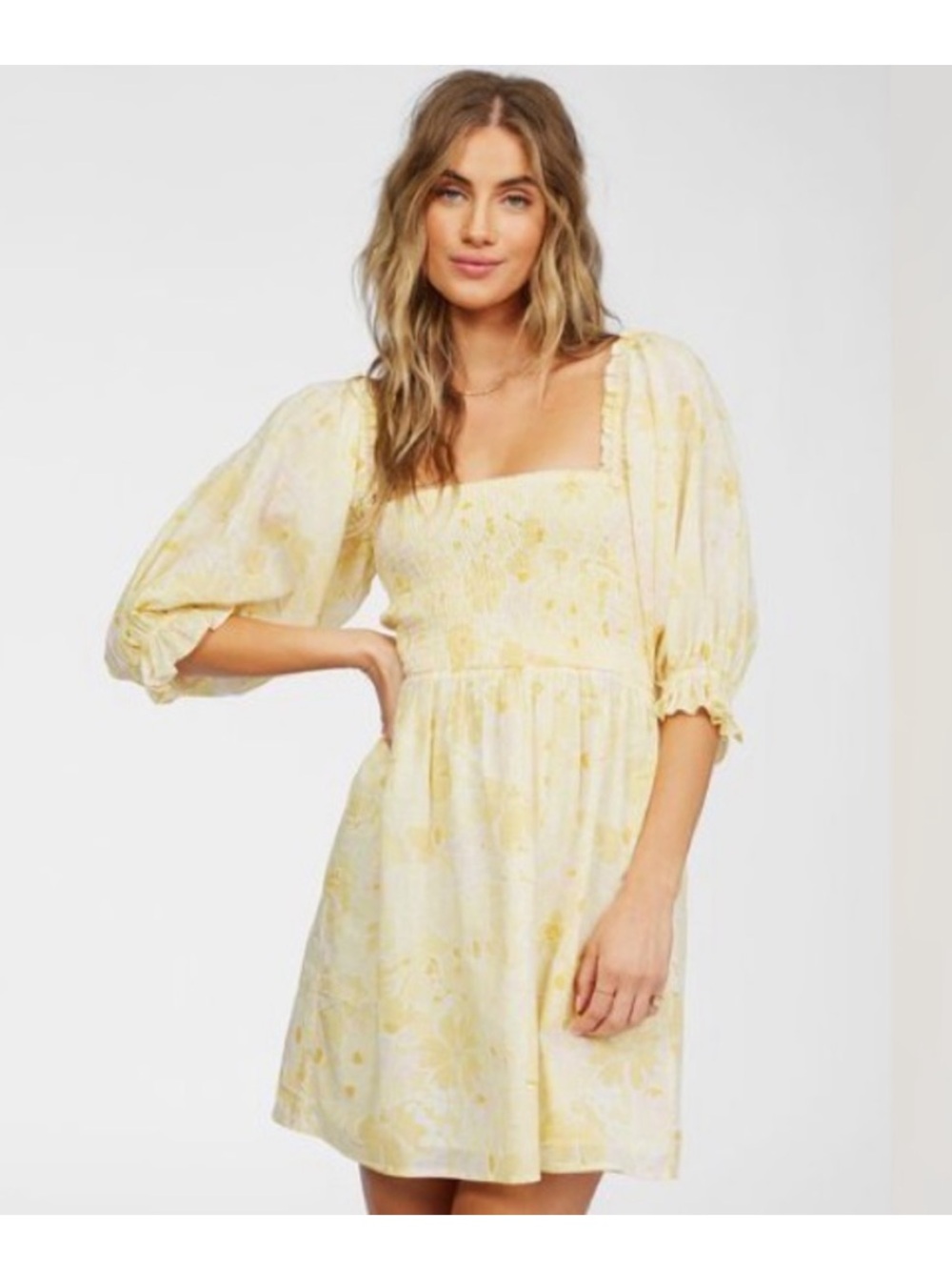 Billabong Groovy Girl Yellow Floral Smocked Cotton Mini Dress Size S NWOT